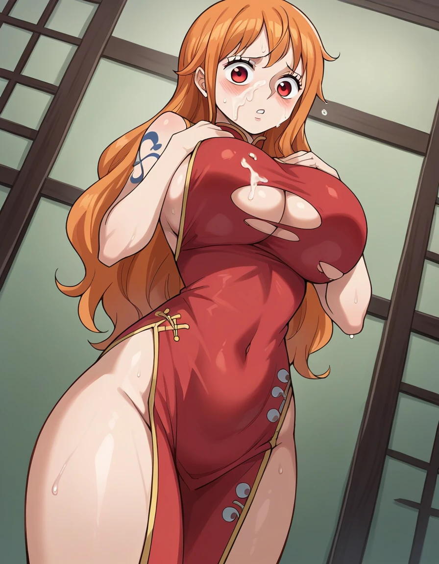 score_9, score_8_up, score_7_up, source_anime, best quality, clear face, Nami, orange hair, orange eyes, long hair, large breasts, perfect body, standing, looking at viewer, shocked, china dress, red clothes, dynamic angle, indoor, wet clothes,blushing,embrassed,see though clothes,big boob,hands on boob, view from below,bend over,ripped clothes,reveling dress,ripped dress,cum on face,sees big dick shadow,big dick,hot