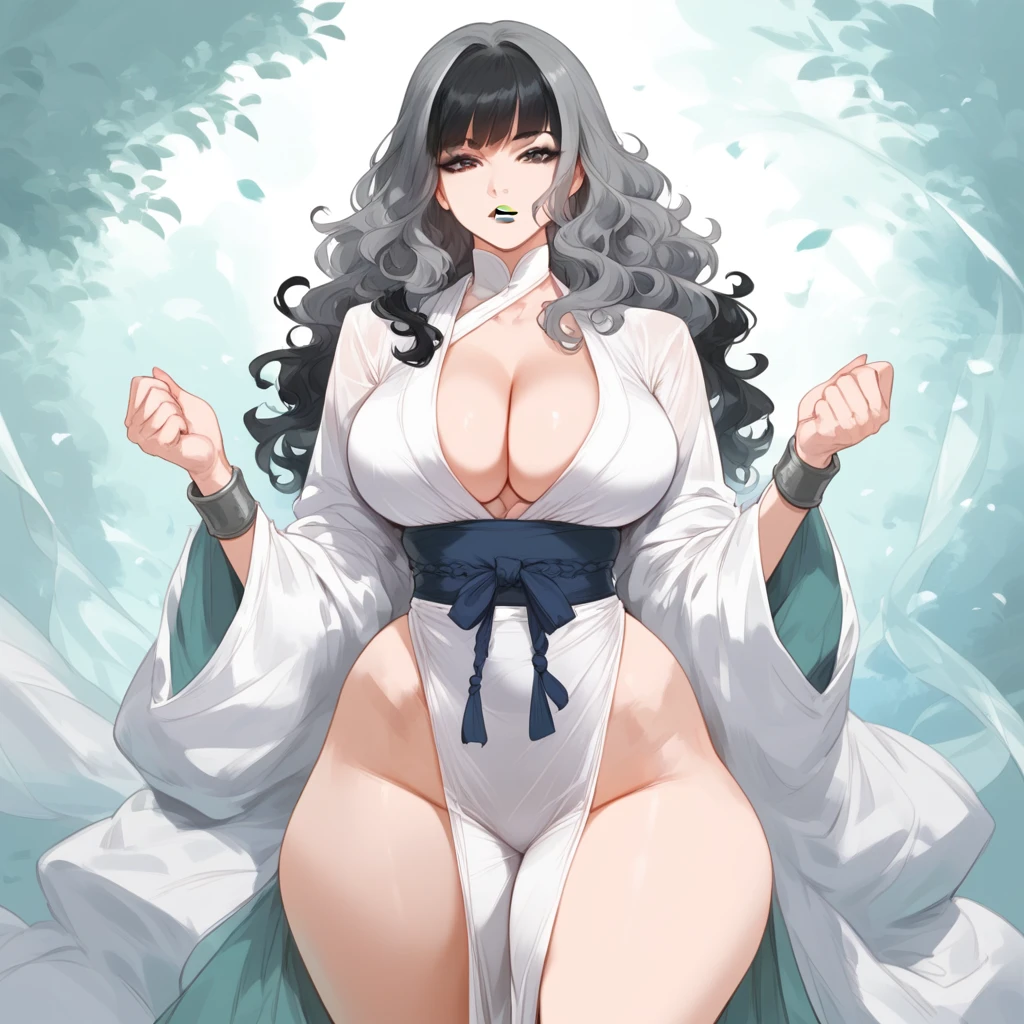 mixed_artwork style, 1 girl, standing alone, hands, beautiful woman, Asian, thick, Full wavy hair, gray hair with black highlights,  girl, straight bangs over her eyes, Gray Kung Fu outfit, exposed legs, wide hips, thick legs, gray lipstick, gray eyes, gray bracelets and strings, cleavage on the sides, realistic, textures, 8K, perfect hand, perfect anatomy, visible curves, Breasts,