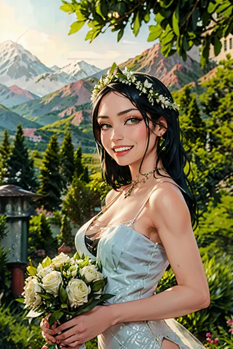 a beautiful woman with long black hair, green eyes, smiling, a portrait of happiness, woman wearing a wedding dress, garden wedd...