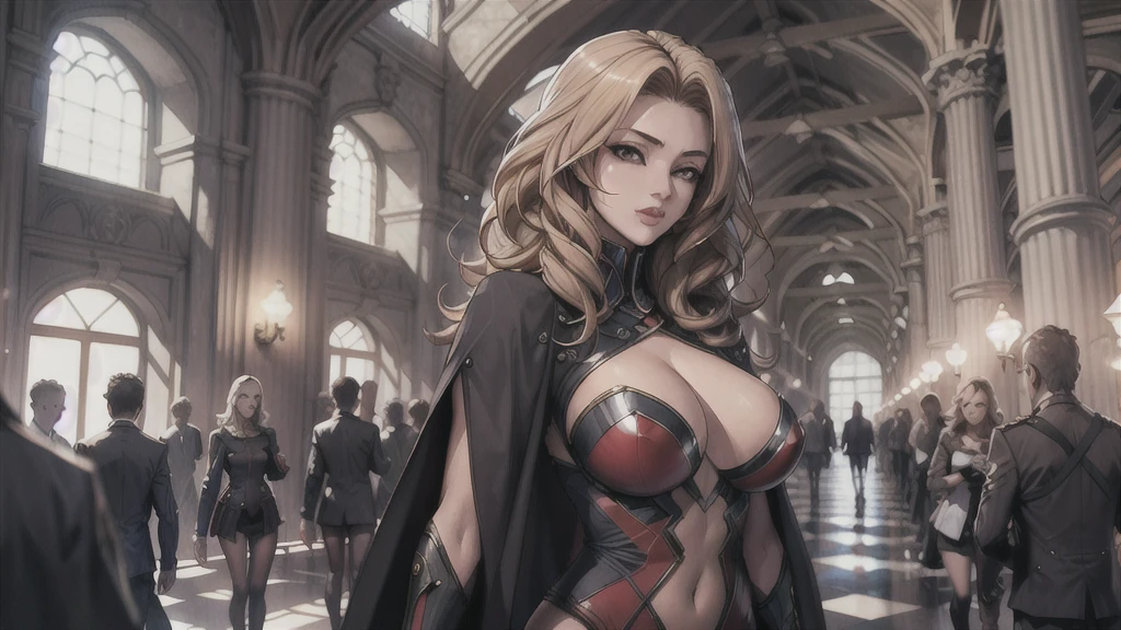 1girl,Alicia Viewsrtream, blonde hair, wavy hair, long hair, red eyes,red lips,red impossible clothes,red elbow gloves,red thigh boots,cape,incredibly absurdres,thighs,realistic,reality,hetero, best quality:1.4, intricate details, sharp focus, highres, elaborate atmosphere:0.90, 8K, 4K, UHD, 32k UHD resolution, Ultra Detailed 8K CG, ultra high res, High quality texture, High quality shadows, vivid colors, detailed eyes, depth of field, soft lighting, masterpiece, best quality, intricate, (lens reflection: 0.7), (flowering: 0.7), particle effects, ray tracing, tone mapping, highly detailed, smooth, sharp focus, highly detailed art, Oda Non style, 8K,  (highly detailed background: 1.2), oda non style, indoors, palace, lights, windows, day,