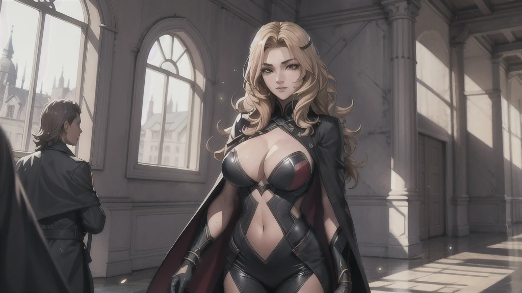 1girl,Alicia Viewsrtream, blonde hair, wavy hair, long hair, red eyes,red lips,red impossible clothes,red elbow gloves,red thigh boots,cape,incredibly absurdres,thighs,realistic,reality,hetero, best quality:1.4, intricate details, sharp focus, highres, elaborate atmosphere:0.90, 8K, 4K, UHD, 32k UHD resolution, Ultra Detailed 8K CG, ultra high res, High quality texture, High quality shadows, vivid colors, detailed eyes, depth of field, soft lighting, masterpiece, best quality, intricate, (lens reflection: 0.7), (flowering: 0.7), particle effects, ray tracing, tone mapping, highly detailed, smooth, sharp focus, highly detailed art, Oda Non style, 8K,  (highly detailed background: 1.2), oda non style, indoors, palace, lights, windows, day,