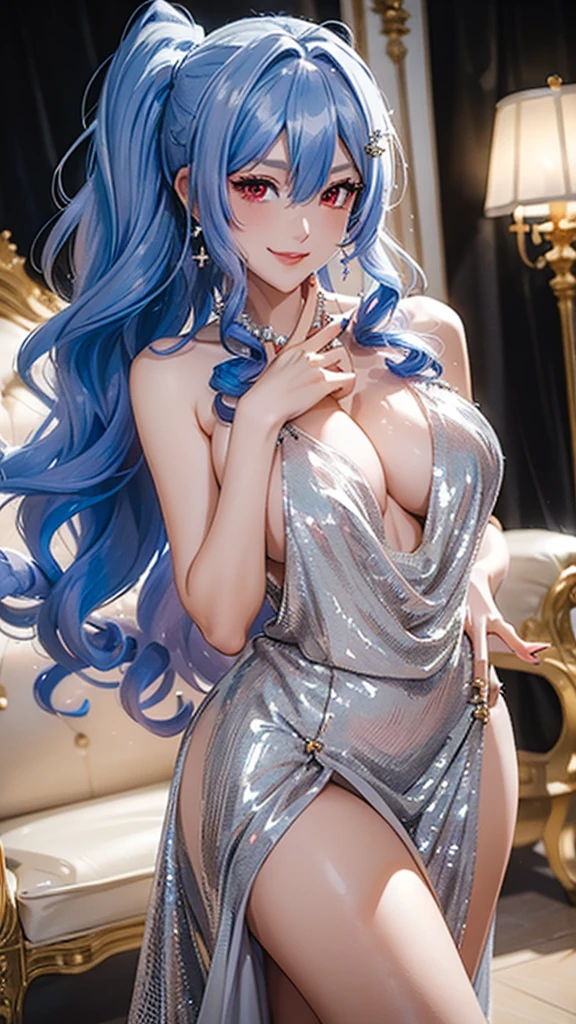 (((masterpiece, super high resolution, ultra HD, 8K quality))), (((woman in Platinum silver colored evening dress))), (((See-through revealing dress))), (((blue Hair))) (((right side pony tail hair))), (((wave hair))), (((beautiful sparkling red eyes, pupils with highlights))), ((long bangs)), pink lips, sexy expression, ((highly detailed)), (perfectly detailed face), (detailed and carefully drawn hands), (((very Big Tits, cute smile))), photorealistic image, silver tiara and earrings, pearl necklace, jade bangle, diamond ring, Beautiful figure from the knees up, standing, beautiful pose
