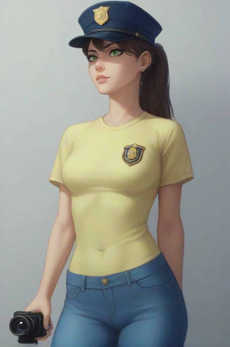 Masterpiece , highly detailed , best quality , perfect face , green eyes , fubuki , wearing short sleeves yellow printed t-shirt and blue jeans , in city , handcuffed behind back by female police officer , looking at camera , standing still 