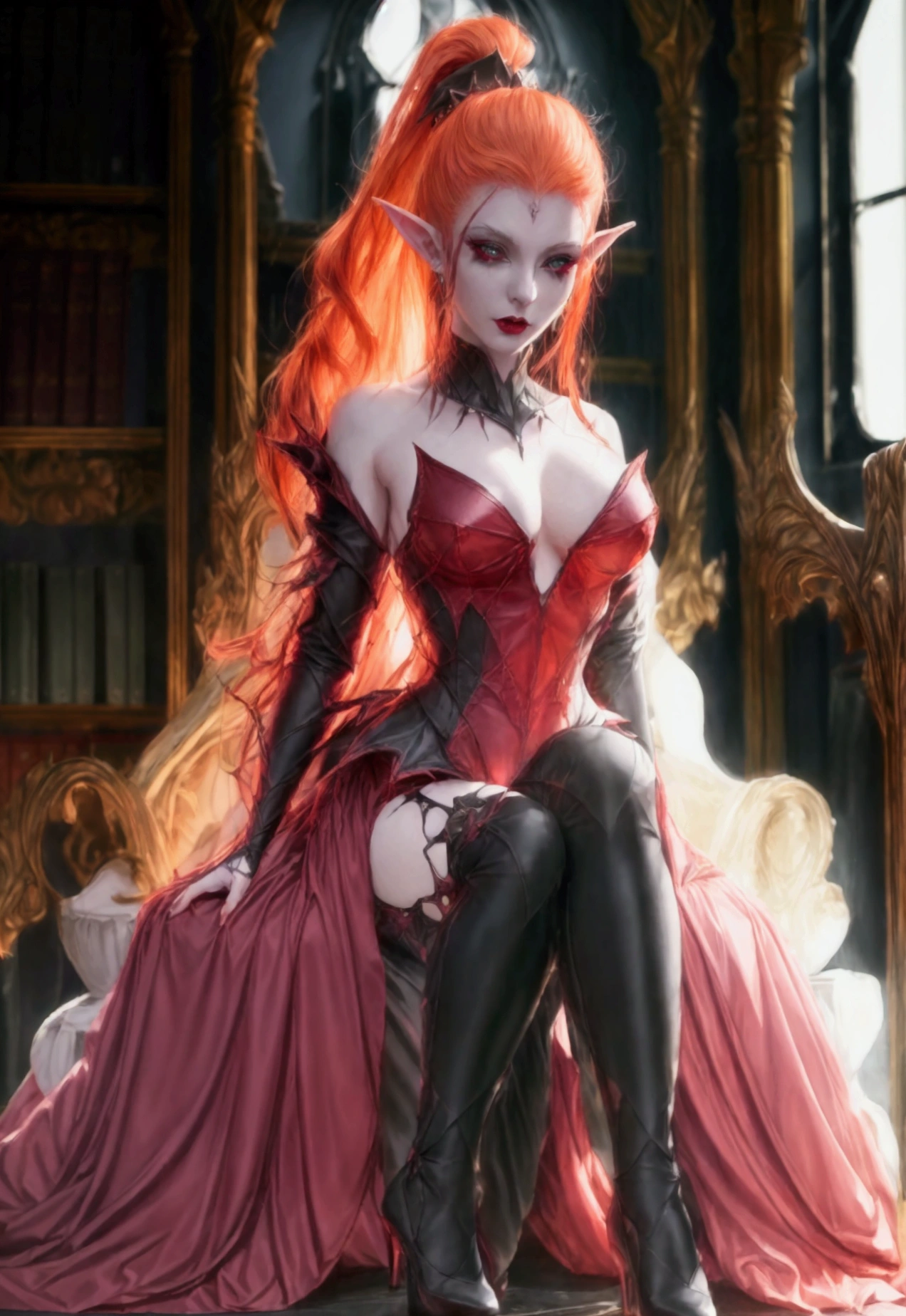 arafed a picture of elf vampire in her castle. an exquisite beautiful female elf vampire (ultra details, Masterpiece, best quality), full body, ((anatomically correct: 1.5) bloody mouth, orange hair, pale skin, hair in a ponytail, long hair, blue eyes, (small pointed ears: 1.2), cold eyes, smirking, wearing pink dress (ultra details, Masterpiece, best quality), red cloak, wearing high heels, in dark fantasy library, book shelves, vibrant, Ultra-high resolution, High Contrast, (masterpiece:1.5), highest quality, Best aesthetics), best details, best quality, highres, ultra wide angle, 16k, [ultra detailed], masterpiece, best quality, (extremely detailed) RAW, dark fantasy art, gothic art, wearing Haute_Couture designer dress, Dark Novel, c0rs3t, corset, leotard,