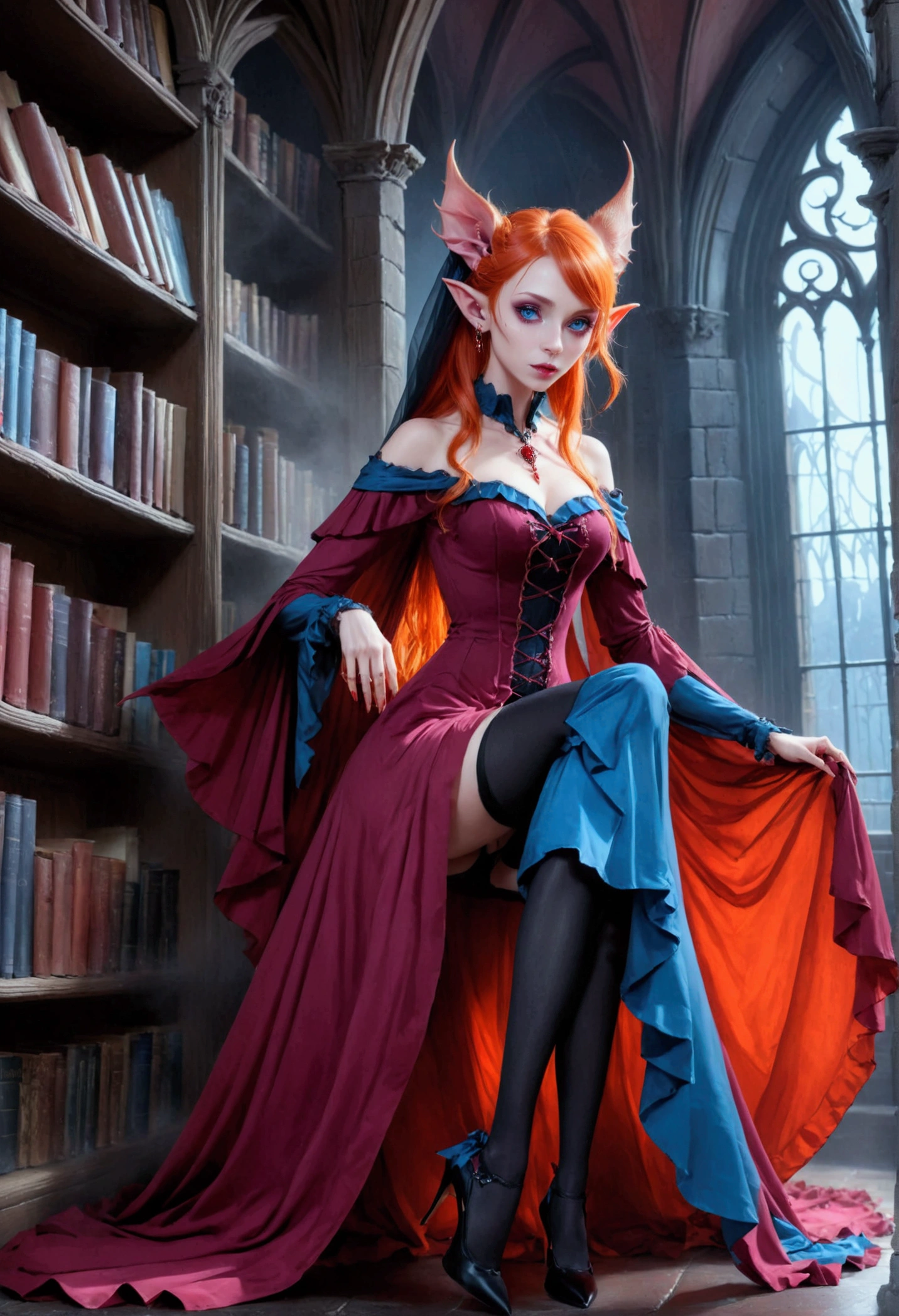 arafed a picture of elf vampire in her castle. an exquisite beautiful female elf vampire (ultra details, Masterpiece, best quality), full body, ((anatomically correct: 1.5) bloody mouth, orange hair, pale skin, hair in a ponytail, long hair, blue eyes, (small pointed ears: 1.2), cold eyes, smirking, wearing pink dress (ultra details, Masterpiece, best quality), red cloak, wearing high heels, in dark fantasy library, book shelves, vibrant, Ultra-high resolution, High Contrast, (masterpiece:1.5), highest quality, Best aesthetics), best details, best quality, highres, ultra wide angle, 16k, [ultra detailed], masterpiece, best quality, (extremely detailed) RAW, dark fantasy art, gothic art, wearing Haute_Couture designer dress, Dark Novel, Dark Art Painting Style, dripping blood, hud_s1n, short black dress, long sleeves, veil, thighhighs, digital painting, Bloodborne