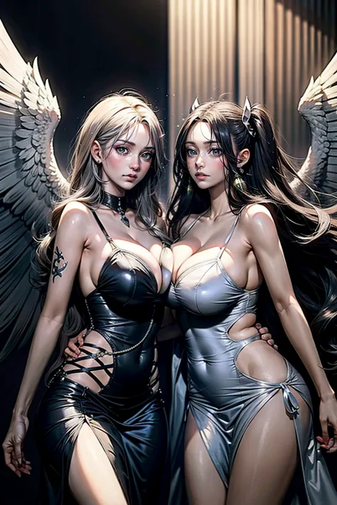 ((highest quality)), ((masterpiece)), (detailed), angel and devil facing each other、wing