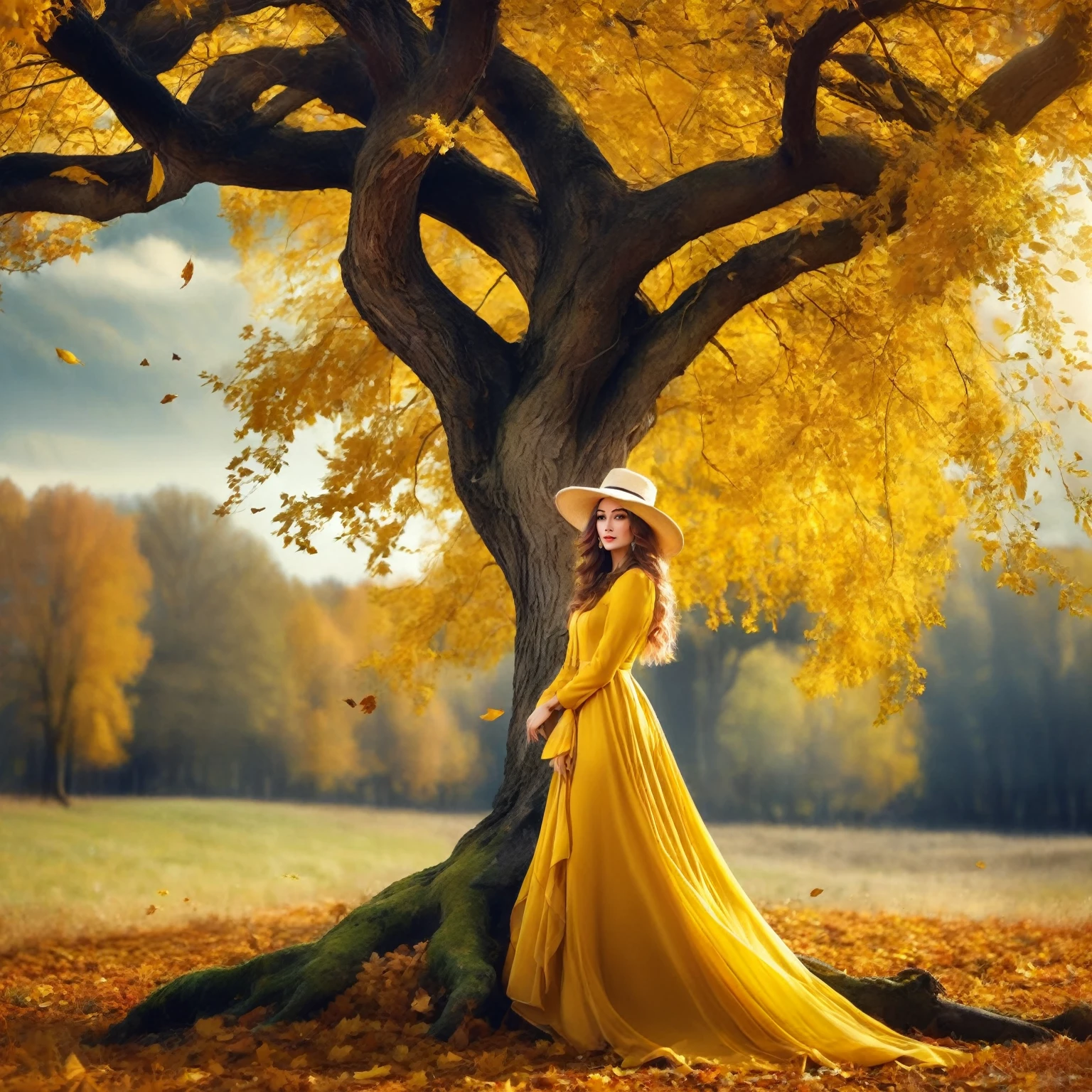 Arafed woman in a yellow dress and hat stands under a tree, Wonderful autumn mood, Beautiful yellow woman, autumn empress, Goddess of autumn, Golden Autumn, beautiful princess of dark autumn, lady in yellow dress, Top dressing of leaves, in autumn, Very beautiful photo, in autumn, breath - capturing the beautiful trees, Breathtakingly beautiful trees, golden colors