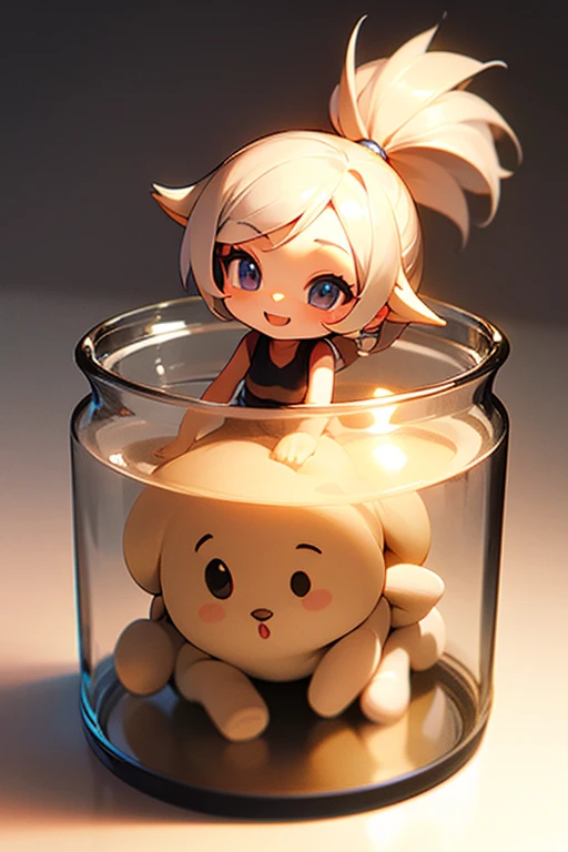 3D-illustration, tablesized figure of a very cute girl  in a jar, Masterpiece((must)), Palm-sized, cute, smiling, The face is dense((must))