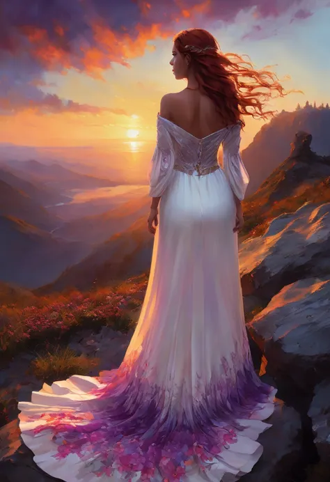 dramatic scene, a woman standing on a rocky terrain during sunset. view from behind, the style is highly detailed and realistic,...