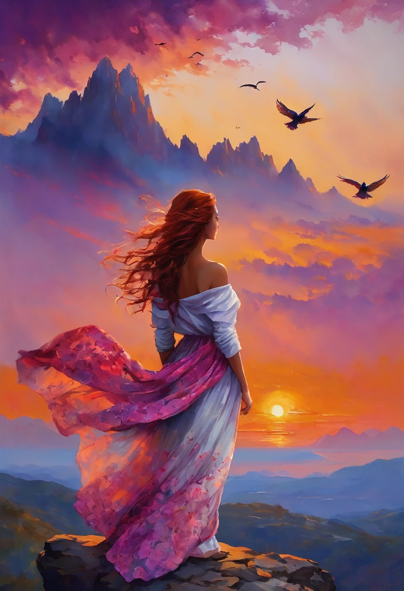 dramatic scene, a woman standing on a rocky terrain during sunset. view from behind, The style is highly detailed and realistic, with a focus on the dramatic sky and natural landscape. The woman has long, wavy red hair cascading down her back and is wearing a flowing, off-shoulder white dress with floral patterns. Her skin is fair, and she is gazing towards the horizon where the sun is setting behind distant mountains. The sky is a blend of deep purples, oranges, and pinks, creating a vibrant and serene atmosphere. Two birds are flying in the sky, adding to the sense of tranquility and freedom in the scene.