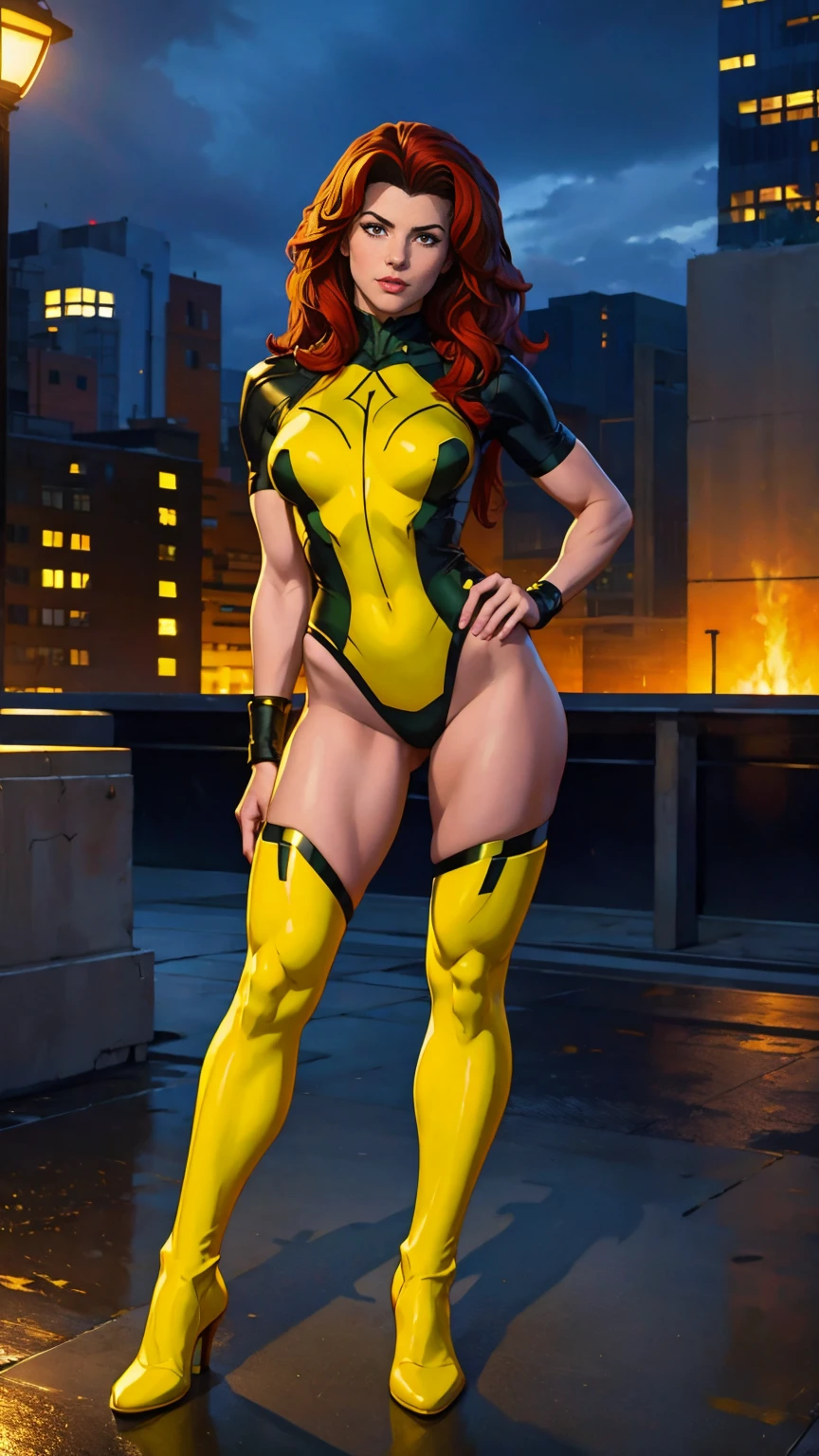 ((Full body photo, standing, feet on the floor)) (best quality,4k,8k,highres,masterpiece:1.2),ultra-detailed,(realistic,photorealistic,photo-realistic:1.37),full body shot,Rogue,X-Men,yellow thigh high boots,beauty pose, standing tall, show feet, outside, city rooftop at night, red headband