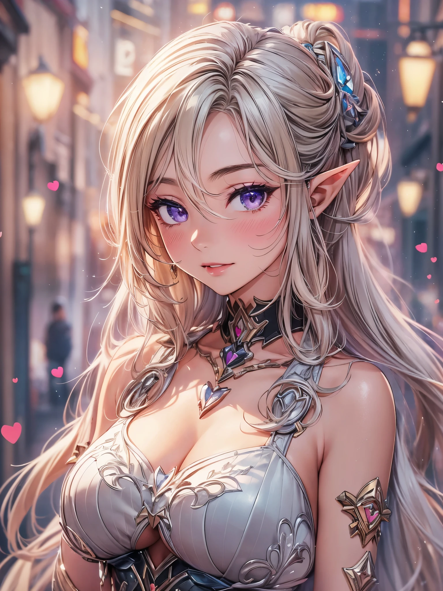 1 elf girl, one person solo, love and heart, (beautiful elf lady in loving), honey blonde hair Gradient sliver white end, (absurdly long wavy hair), hair strand, single sidelock, shiny hair, (symphony purple eyes), high-detailed and delicate eyes, colourful eyes makeup, red lips, ultra detailed facial, upturned elf pointy ears, porcelain skin, warm tone skin, little blush, whole body, extreme detailed, break, 
  Cotton long skirt, thermal printed t-shirt, , silm figure, Medium chest, (several heart swirl around the body:1.3), hand heart, (_give heart:1.5), break, 
  Walking on the street, in the city, old street, starry night sky, meteor, cloud, neon, pink heart, detailed background, break, 
  Full body, photography art, shallow depth of field, 8K photo, chiaroscuro, sparkle, Volumetric lighting, Edge lighting, studio lighting, cinematic lighting, break,
  Loving theme anime illustration, realism anime, イーブイの絵, best quality, 8K quality, 8K detail, masterpiece, highres, CG unity, 