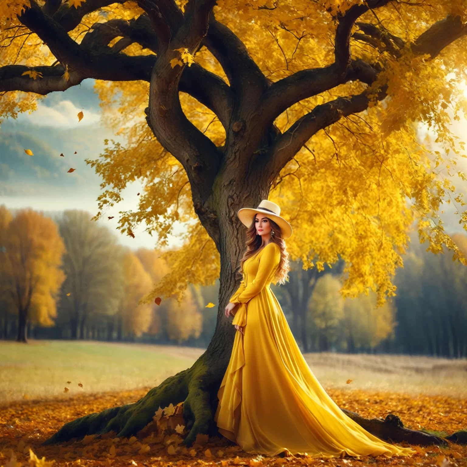 Arafed woman in a yellow dress and hat stands under a tree, Wonderful autumn mood, Beautiful yellow woman, autumn empress, Goddess of autumn, Golden Autumn, beautiful princess of dark autumn, lady in yellow dress, Top dressing of leaves, in autumn, Very beautiful photo, in autumn, breath - capturing the beautiful trees, Breathtakingly beautiful trees, golden colors