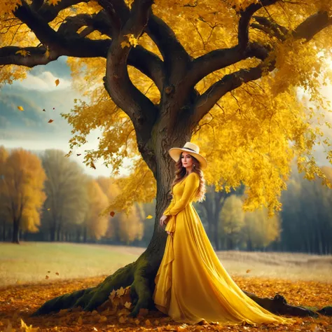 arafed woman in a yellow dress and hat stands under a tree, wonderful autumn mood, beautiful yellow woman, autumn empress, godde...