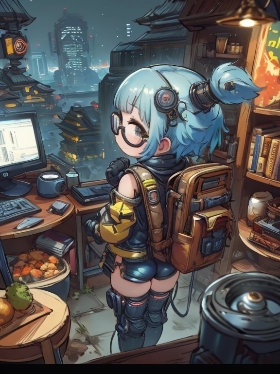 Cyberpunk Anime, Cinematic, High Resolution Computer Graphics, Dynamic Rear View, Best framing, HD12K quality, Tomboy, Blue Bob Cut Hair, Small breasts, Wide Hips, Wearing a tactical jacket, biker shorts, High Tech Glasses, Elegant mechanical arm and finely crafted, Sexier, Stylish trends, Cheeky Smile, Cool pose in a night city illuminated by virtual billboards,