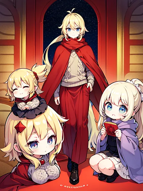 Full-body portrait、Are standing、Fluffy hair、Blonde、Lots of hair、Short ponytail、Grey knitted sweater、Red Cape、arrogant