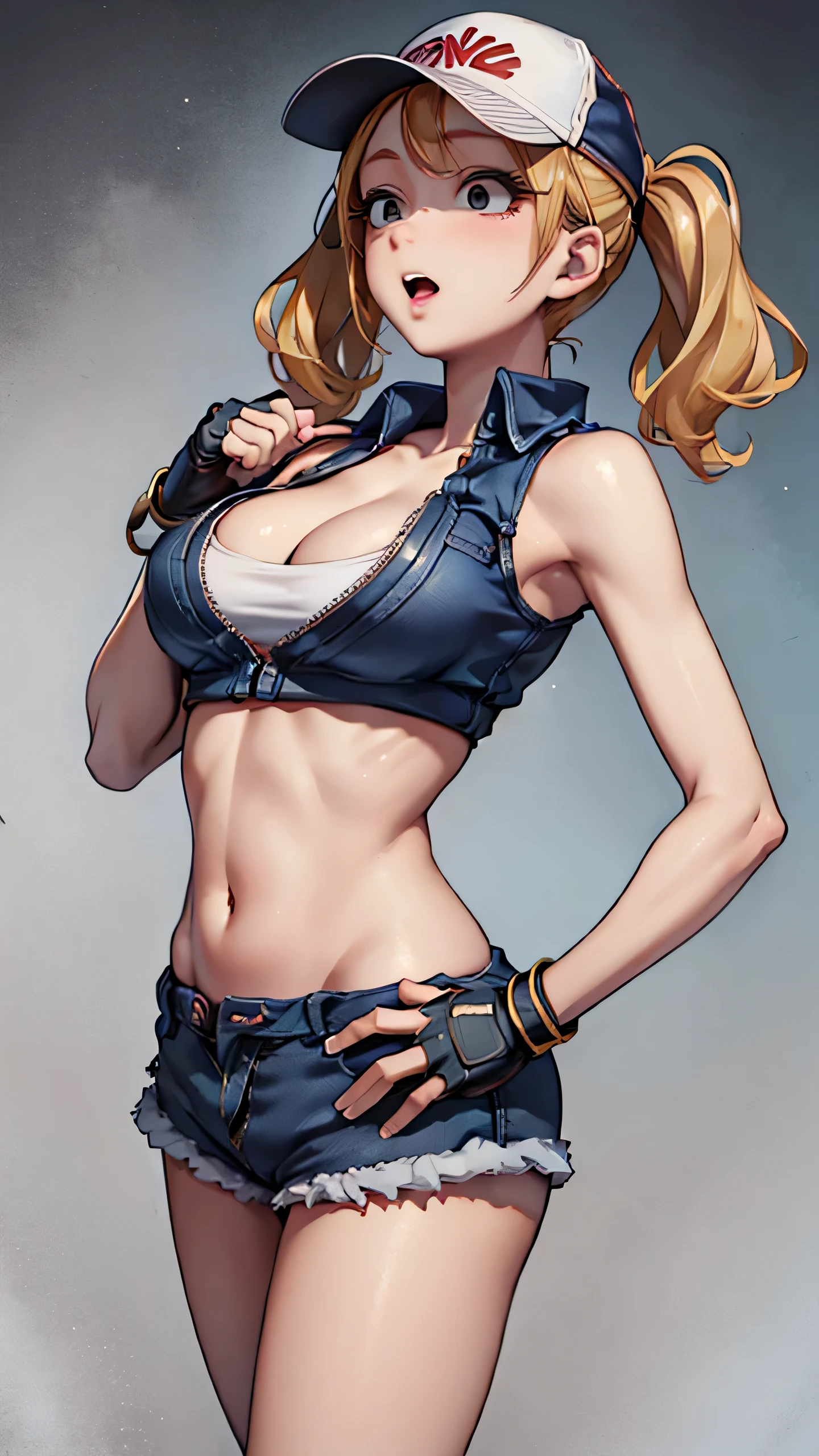 ((MangabiRumiko)), (masterpiece), best quality, expressive eyes, perfect face, highres, (8k), (perfect face), (ultra details), 1 girl, solo, large breasts, terry bogard girl, blonde hair, twintails, gray eyes, long hair, baseball cap, fingerless gloves, denim shorts, shoes, blushing, frightened, anguished, open-mouthed, room background, no posing, standing, portrait, looking herself