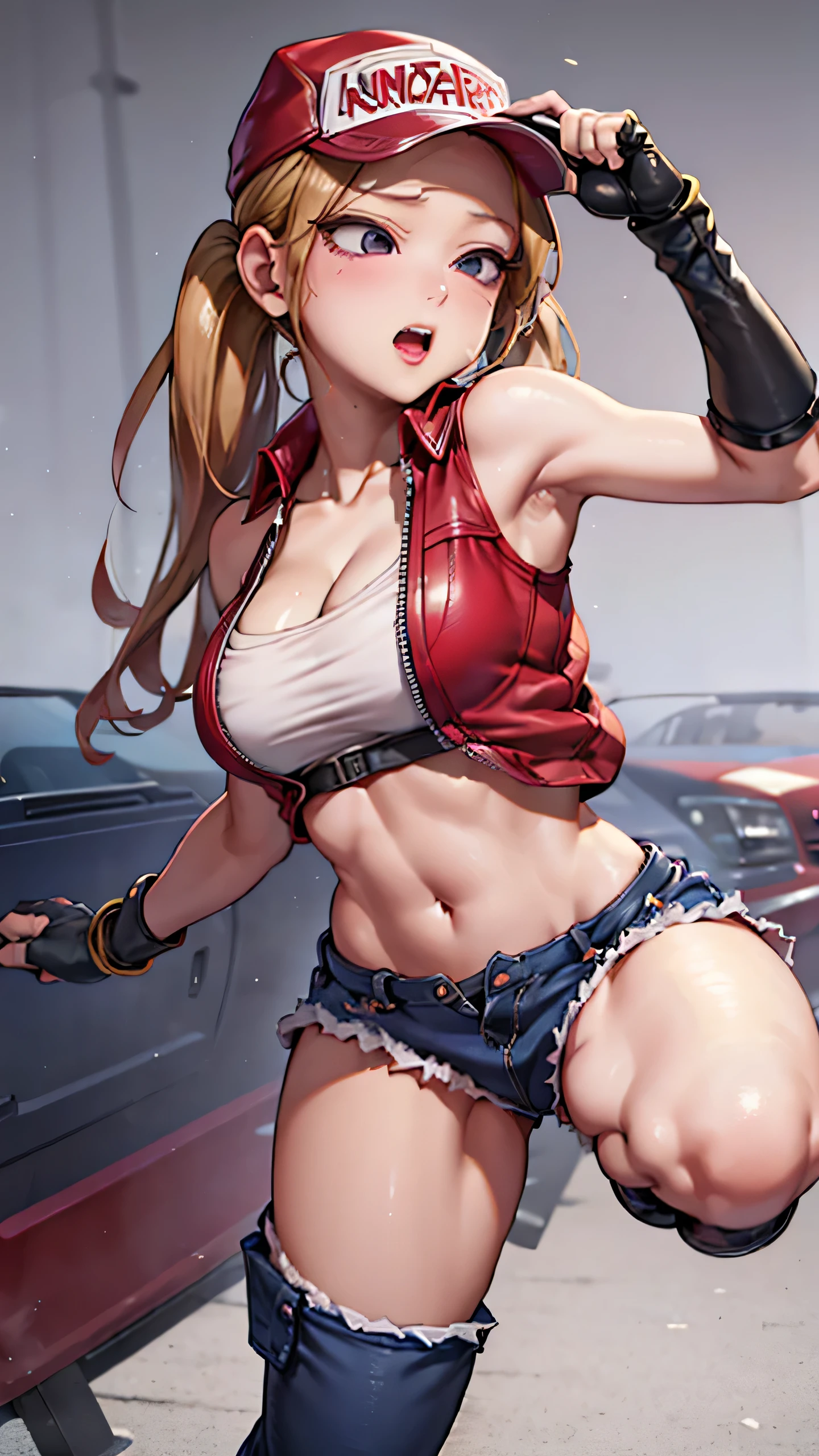 (KomiShouko), (masterpiece), best quality, expressive eyes, perfect face, highres, (8k), (perfect face), (ultra details), 1 girl, solo, large breasts, terry bogard girl, blonde hair, twintails, purple eyes, long hair, baseball cap, fingerless gloves, denim shorts, shoes, blushing, frightened, anguished, open-mouthed, room background, no posing, standing, portrait, looking herself