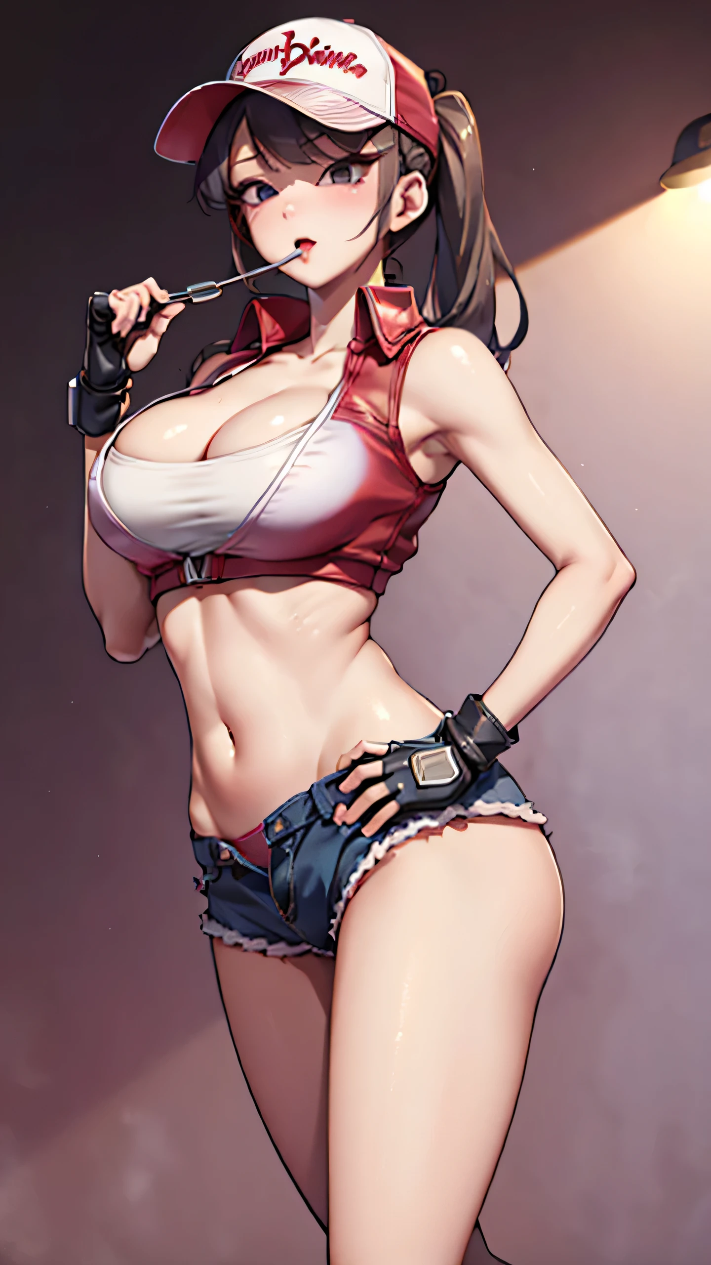 (KomiShouko), (masterpiece), best quality, expressive eyes, perfect face, highres, (8k), (perfect face), (ultra details), 1 girl, solo, large breasts, terry bogard girl, blonde hair, twintails, purple eyes, long hair, baseball cap, fingerless gloves, denim shorts, shoes, blushing, frightened, anguished, open-mouthed, room background, no posing, standing, portrait, looking herself