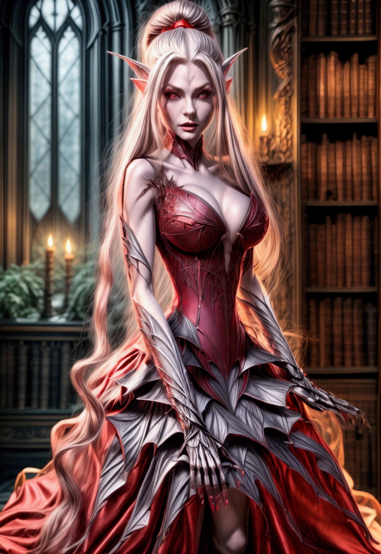 arafed a picture of elf vampire in her castle. an exquisite beautiful female elf vampire (ultra details, Masterpiece, best quality), full body, ((anatomically correct: 1.5) bloody mouth, orange hair, pale skin, hair in a ponytail, long hair, blue eyes, (small pointed ears: 1.2), cold eyes, smirking, wearing pink dress (ultra details, Masterpiece, best quality), red cloak, wearing high heels, in dark fantasy library, book shelves, vibrant, Ultra-high resolution, High Contrast, (masterpiece:1.5), highest quality, Best aesthetics), best details, best quality, highres, ultra wide angle, 16k, [ultra detailed], masterpiece, best quality, (extremely detailed) RAW, dark fantasy art, gothic art, wearing Haute_Couture designer dress, Dark Novel, c0rs3t, corset, leotard,