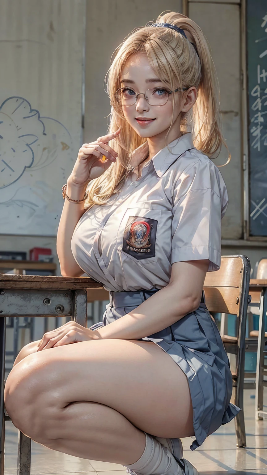 1 woman, 27 years old, blonde ponytail, plump body, blue eyes, Indonesian high-school uniform, wearing glasses, white shirt, osis logo on shirt pocket, natural big breasts, light-grey pleated skirt, squat pose, full body shot, smiling, in the classroom. Spreading legs wide open, 