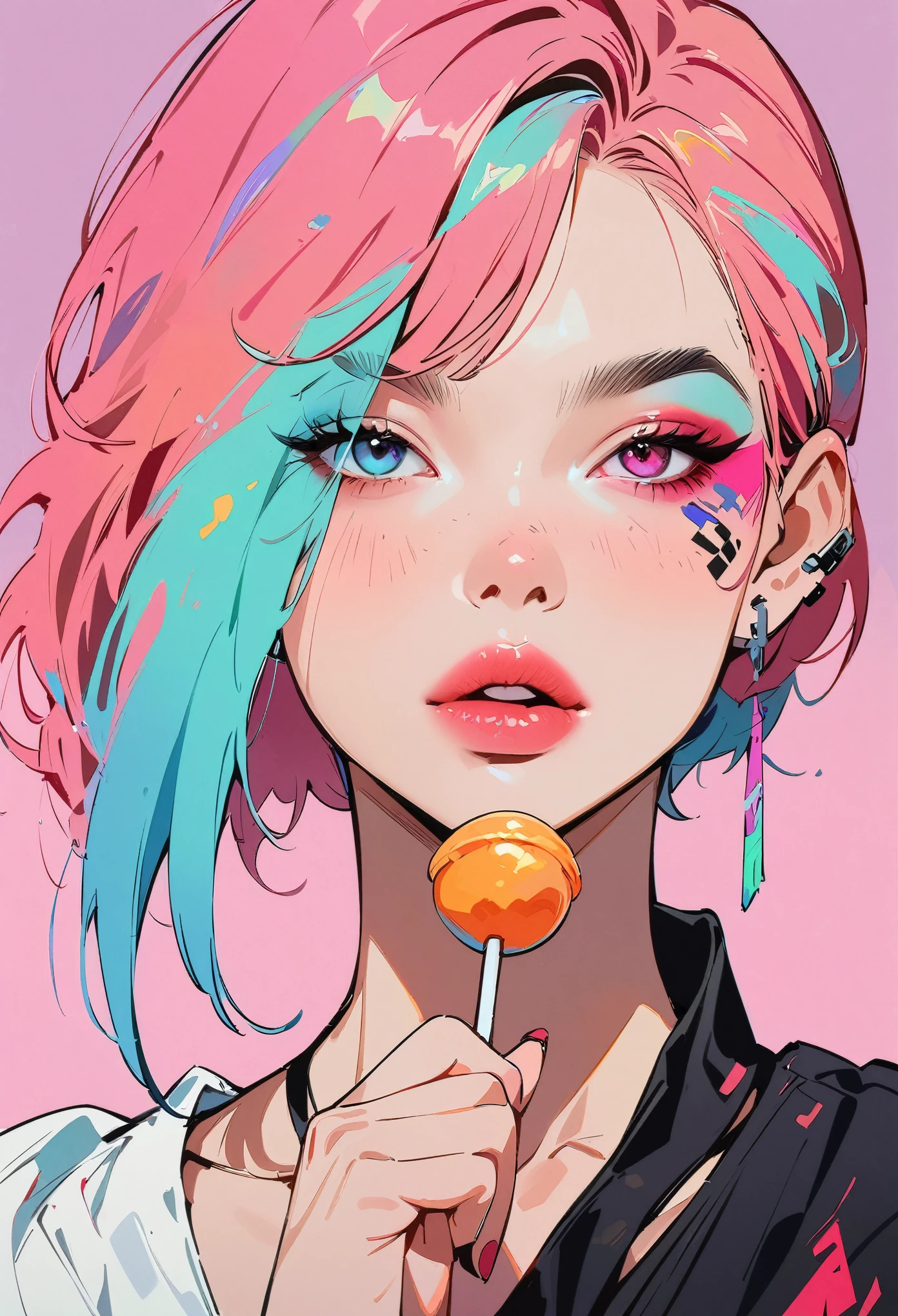 (obra de arte, melhor qualidade:1.2), 1 garota, só, estilo anime, Heterochromia, com um pirulito, lábios rosados, Maquiagem estilo cyberpunk, cabelo curto assimétrico, cabelo curto assimétricostyle, franja longa de um lado, Fundo roxo e rosa.