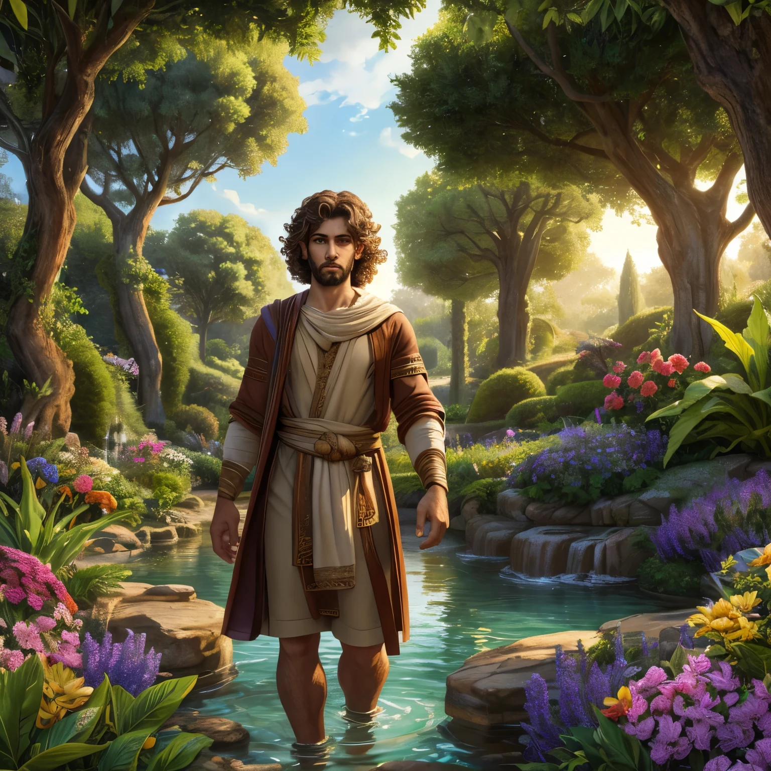 Depict Adam, the first human created by God, seen from the front with his whole body. He is wearing clothes made of lamb's skin, created by God, which are white. His hair is brown and curly, and his eyes are light brown. Adam is situated in the Garden of Eden, a beautiful and perfect garden filled with lush vegetation, colorful flowers, and leafy trees, all created by God. Adam should be portrayed with a serene and contemplative expression.
The lamb's skin clothes should look natural and handcrafted, modestly fitting his body.
The Garden of Eden should include elements such as crystal-clear rivers, diverse fauna, and an atmosphere of perfect harmony.