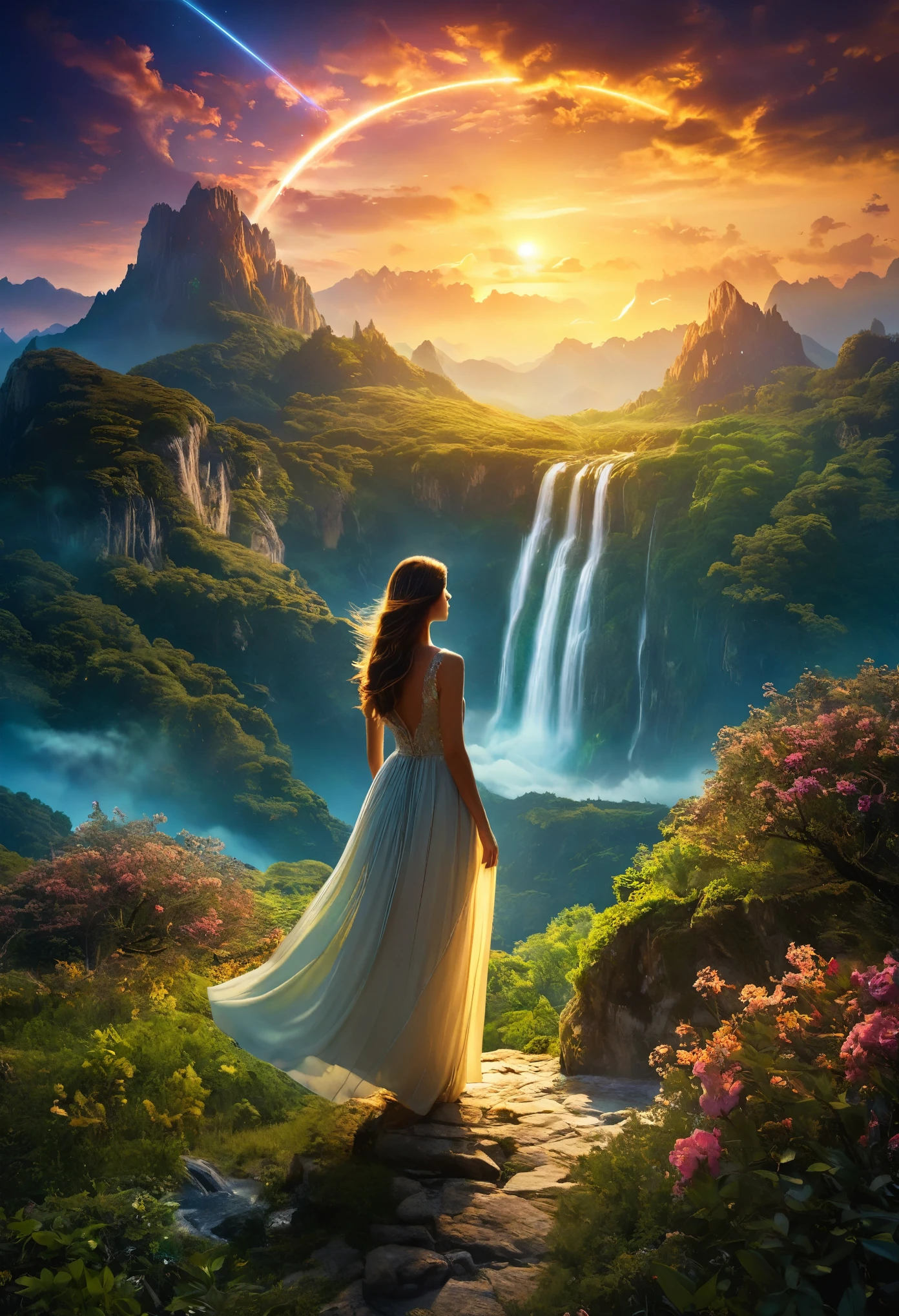 A beautiful girl is standing, Highest quality, masterpiece, Beautiful wild nature fantasy landscape with glowing lights