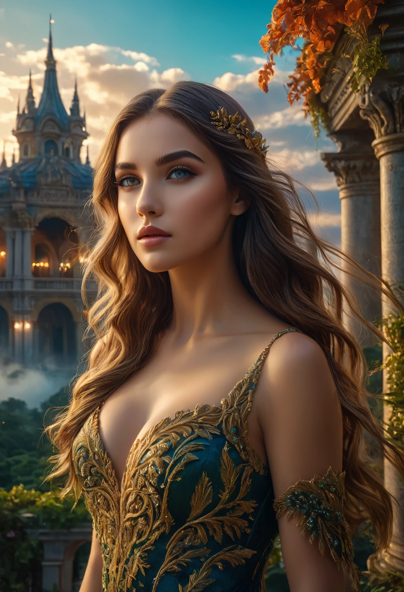 a beautiful girl standing in a stunning fantasy landscape, detailed face, long flowing hair, elegant dress, glowing lights, detailed foliage, lush vegetation, ornate architecture, dramatic sky, cinematic lighting, vibrant colors, photorealistic, 8k, (best quality,4k,8k,highres,masterpiece:1.2),ultra-detailed,(realistic,photorealistic,photo-realistic:1.37),beautiful detailed eyes,beautiful detailed lips,extremely detailed eyes and face,longeyelashes