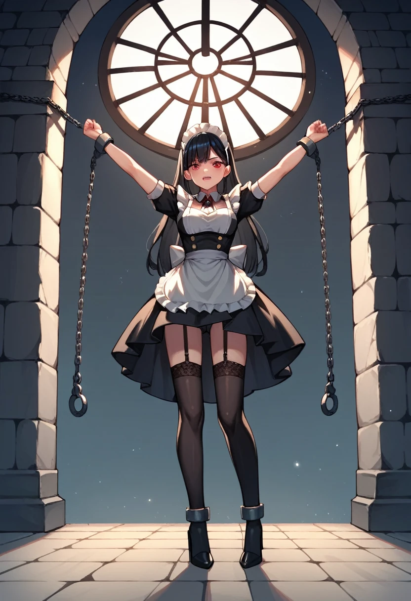 score_9, score_8_up, score_7_up, score_6_up, score_5_up, score_4_up, source_anime, 1girl, black hair, red eyes, w-w-chain, shackles, Hang a girl up, raise arms, On the ceiling, long hair, maid's outfit, black thigh high boots, heels, night, windows, dungeon, best quality, best res, 4K UHD,
 