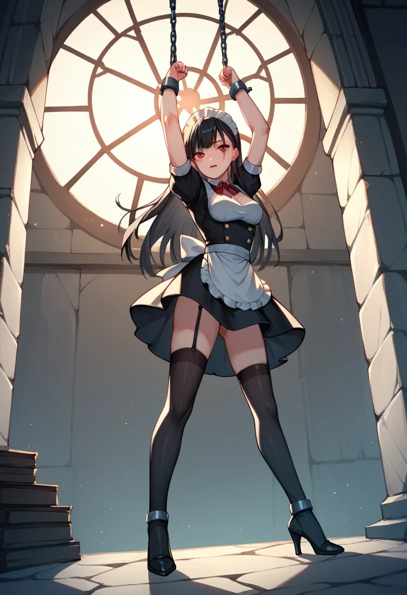 score_9, score_8_up, score_7_up, score_6_up, score_5_up, score_4_up, source_anime, 1girl, black hair, red eyes, w-w-chain, shackles, Hang a girl up, raise arms, On the ceiling, long hair, maid's outfit, black thigh high boots, heels, night, windows, dungeon, best quality, best res, 4K UHD,
 