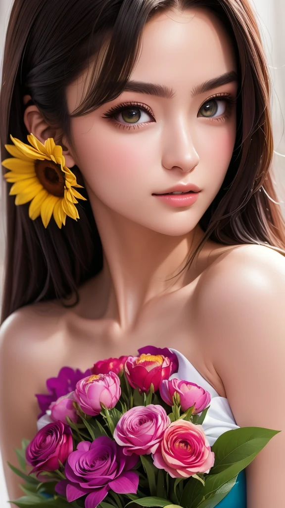 (masterpiece, best quality:1.2), solo, A stunning portrait close-up of a lady holding a bouquet of vibrant flowers, her kind and beautiful eyes gazing directly at the viewer. Rendered in exquisite detail with Schneider pastel inks, the soft and delicate strokes bring the image to life. The pastel colors add a touch of softness and the overall effect is simply breathtaking.