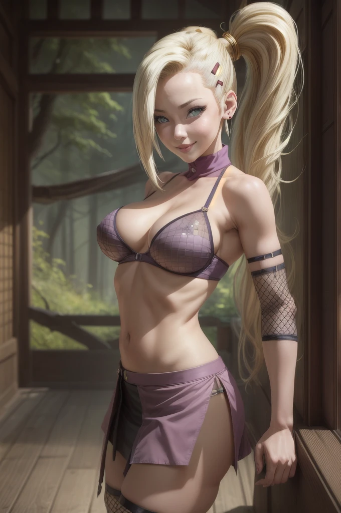 (masterpiece, best quality:1.2), solo, 1girl, yamanaka ino, smile, looking at viewer, hair over one eye, ponytail, hairclip, fishnet bra half naked, sexy, skirt, fishnets, earrings, midriff, forest n, cleavage , big tits , slave outfit 