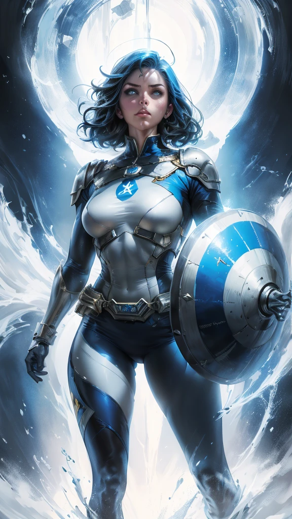 A stunning cinematic illustration of Marvel's female superhero, Captain Israel, standing tall and proud. She wears a blue and white costume, with a round shield emblazoned with the iconic Star of David. Her chest is adorned with the same symbol, and her shield is surrounded by blue stripes. Her expression is fierce and determined, radiating strength and courage. The background is a dramatic blend of blues and whites, creating a sense of action and adventure., illustration, poster, cinematic