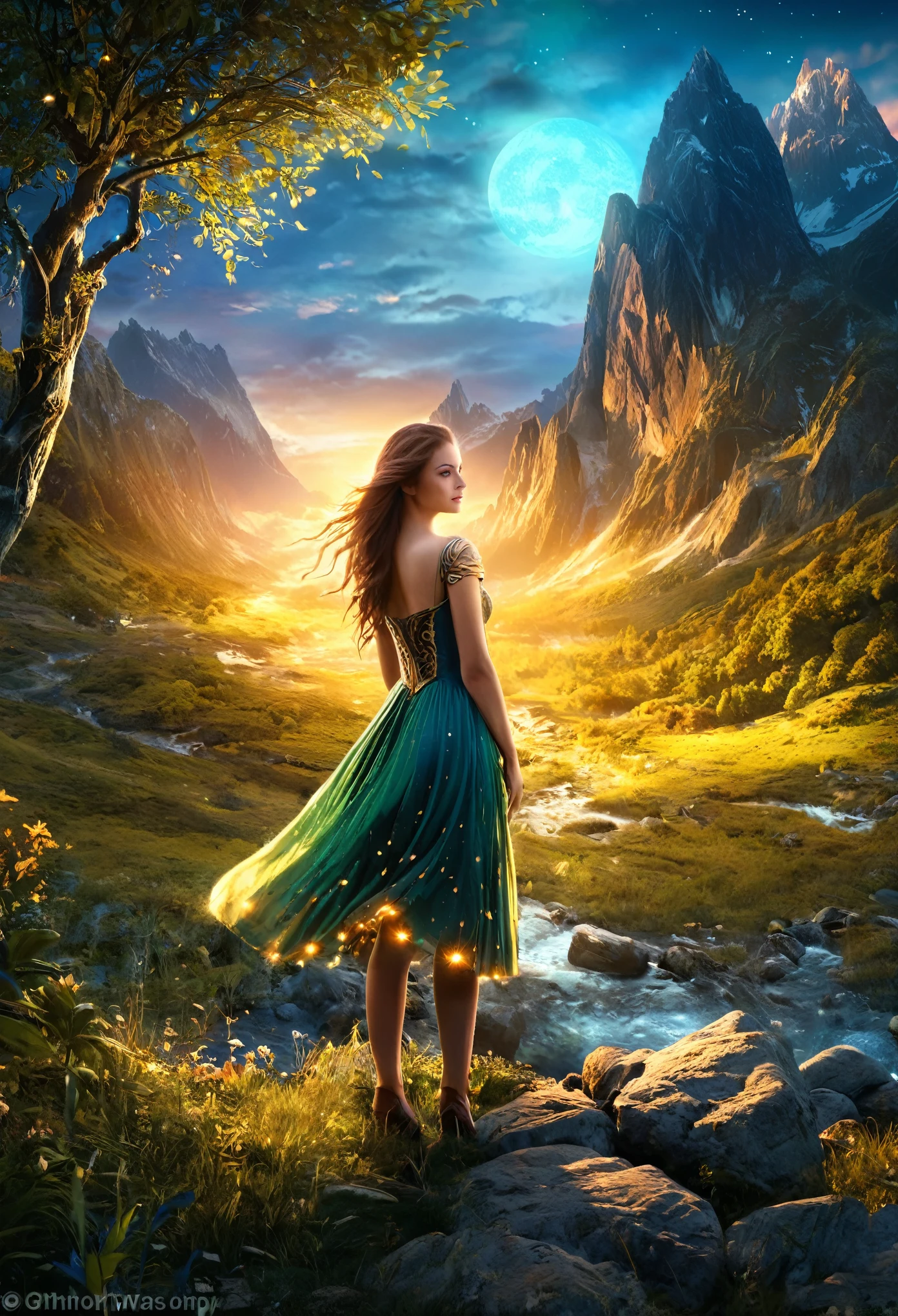 A beautiful girl is standing, Highest quality, masterpiece, Beautiful wild nature fantasy landscape with glowing lights