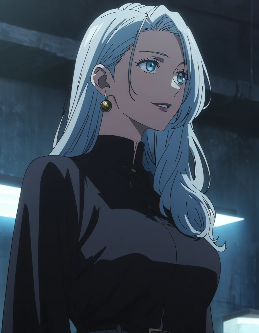 1girl, female gojo satoru, anime screencap from jujutsu kaisen, gojo satoru female version, solo, long_hair, ((Blue eyes, round sunglasses)) ((Silver_hair, hair over ear from one side))((slicked hair)) , night view, (hanging breasts) upper_body, smile, indoors, parted lips, (long hair) ((wearing black colour outfit, glossy)) breast, "very detailed and high resolution" (Blue eyes, round sunglasses) ((solo)) (((front view))) (earings) ((high resolution)) ((good quality)) ((silky hair, hair over ear from one side))((hair slicked)) ((parted lips)) ((full body))