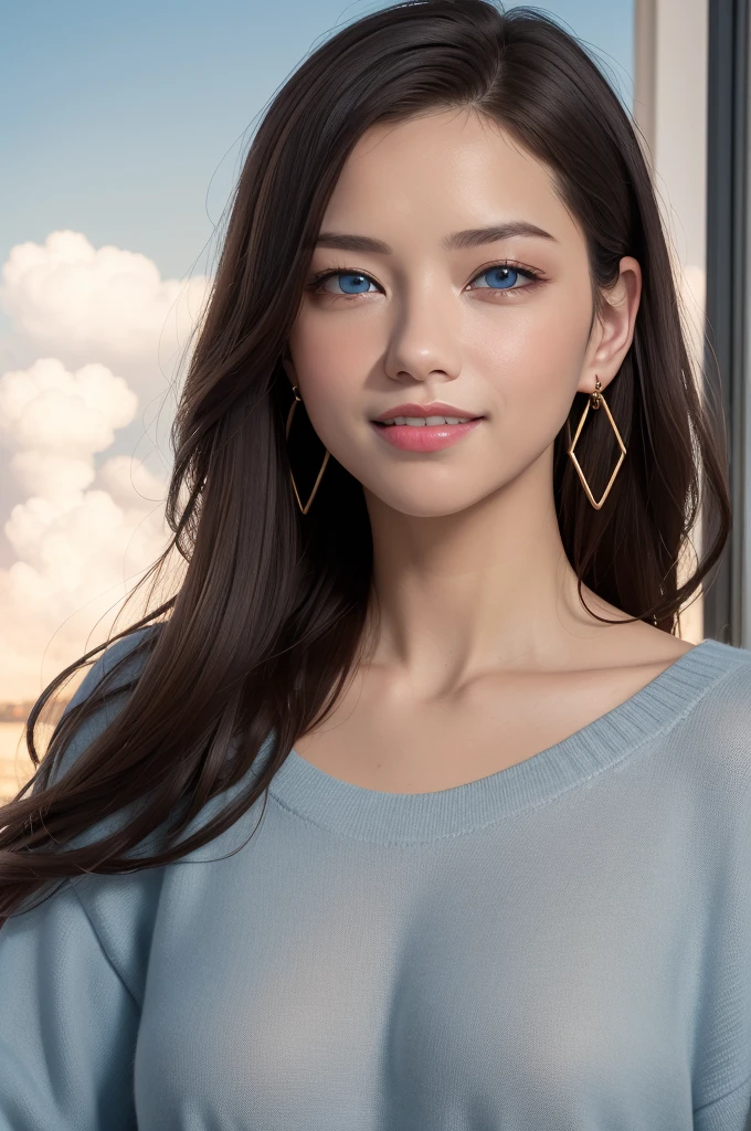 ((masterpiece)), (best quality), official art, extremely detailed CG, unity 8k wallpaper, ultra detailed, highly detailed, detailed background, vivid color, photorealistic, perfect lighting, best illumination,
a Realistic photo of 4dr14n4l1m4,  long hair, blue eyes, brown hair, jewelry, earrings, parted lips, 
sweater, heart cutout,  naughty smile, 
 