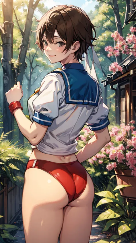 kasugano sakura, showing big ass, half naked, smiling. (((half naked))) forest background.