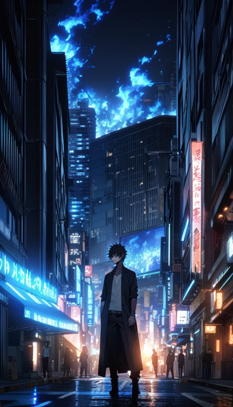 dabi standing in the distance on a tokyo street with blue flames burning around, sky scrapers in the distance, masterpiece, bestquality, night time, beautiful lighting, 