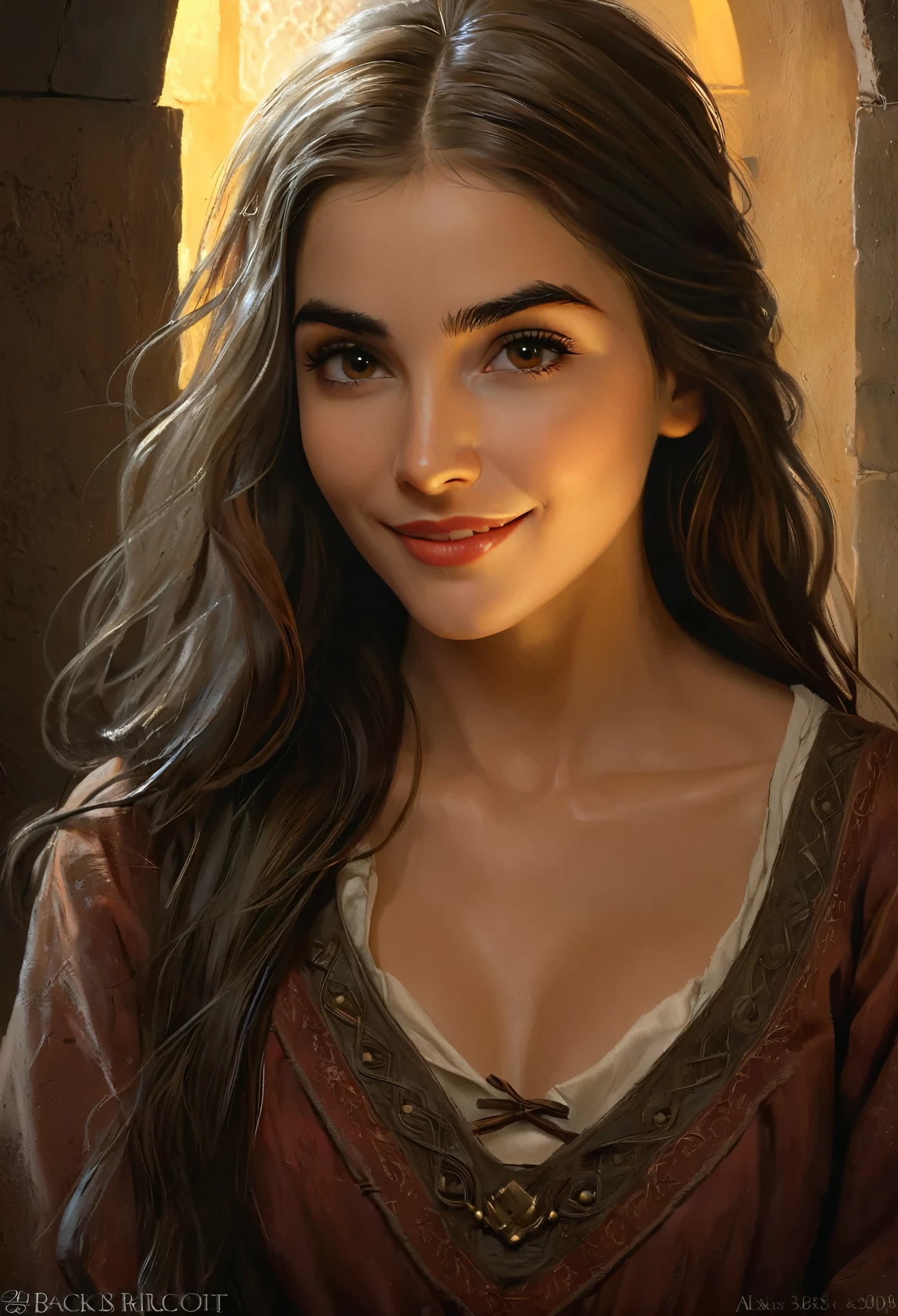 Style by Style Style Crypt Award winner, Spectacular oil painting of a beautiful medieval peasant girl, 15yo, thick eyebrows,  (seductive expression:1.2), erotic espression, an ominous, evil, (Backlight:1.3), Digital Painting, concept art, Smooth, Sharp focus, Three-part method, Dark fantasy,Intricate details, art：Alexis Briclot, Medium Shot, (Shallow depth of field:1.3), smiling seductively, She wants to be in sexual climax. erotic, sexy, seductive, moist skin, hyper detailed skin texture, A lewd expression, The smell of sex fills the air, She has a lustful expression that invites men, (no makeup:1.2), She likes sex very much 