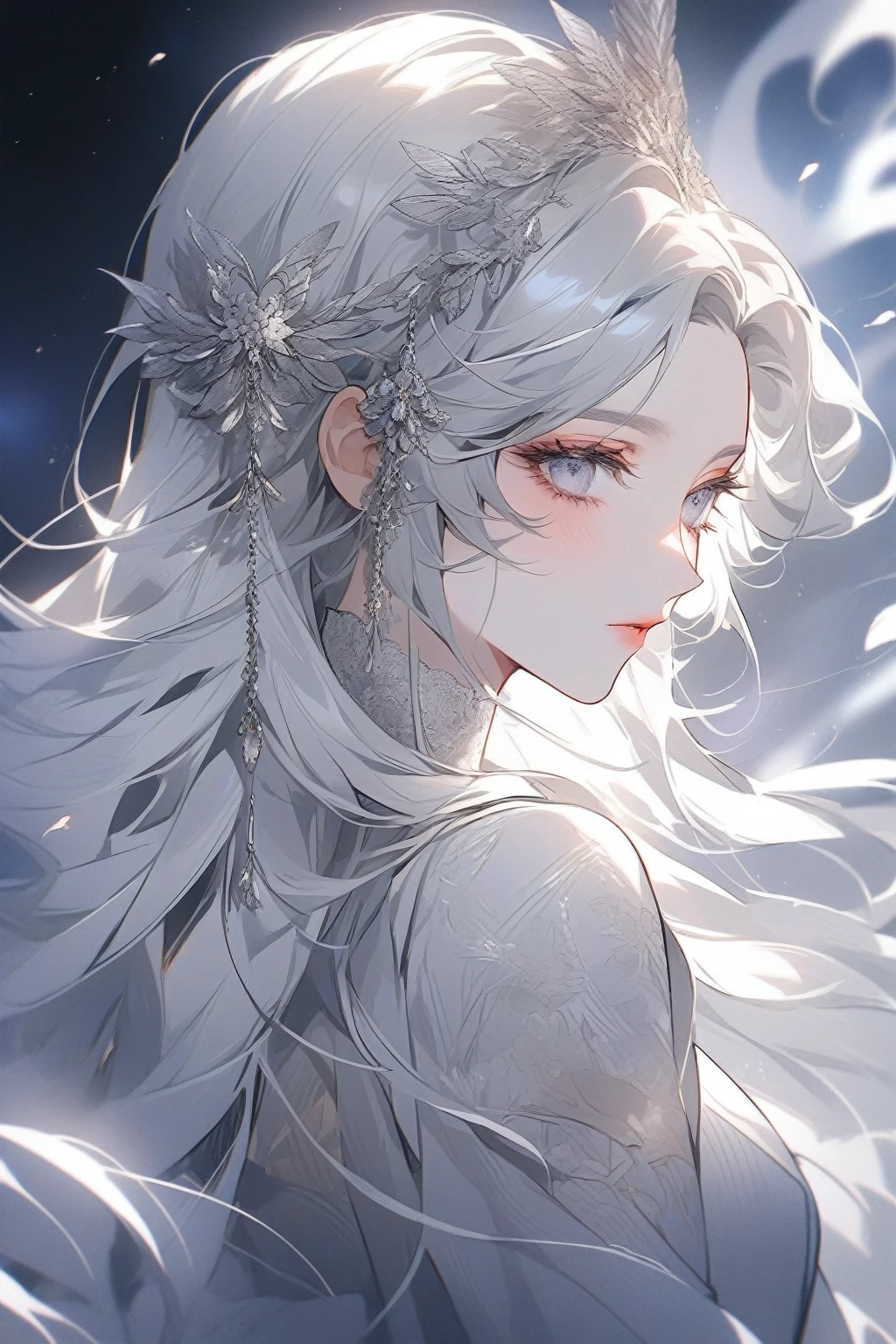 a close up of a woman of long white hair wearing a tia, detailed white long hair, of long white hair, Gray-haired deity, White long hair, Gray-haired, Flowing white hair, Beautiful anime portraits, Gray-haired少女, Beautiful anime style, Gray-haired, Stunning Anime Face Portraits, Beautiful character drawings, perfect Gray-haired girl, Gwaiz