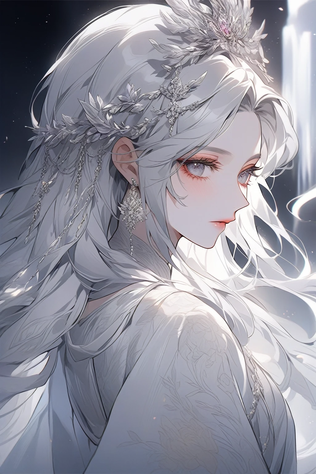 a close up of a woman of long white hair wearing a tia, detailed white long hair, of long white hair, Gray-haired deity, White long hair, Gray-haired, Flowing white hair, Beautiful anime portraits, Gray-haired少女, Beautiful anime style, Gray-haired, Stunning Anime Face Portraits, Beautiful character drawings, perfect Gray-haired girl, Gwaiz