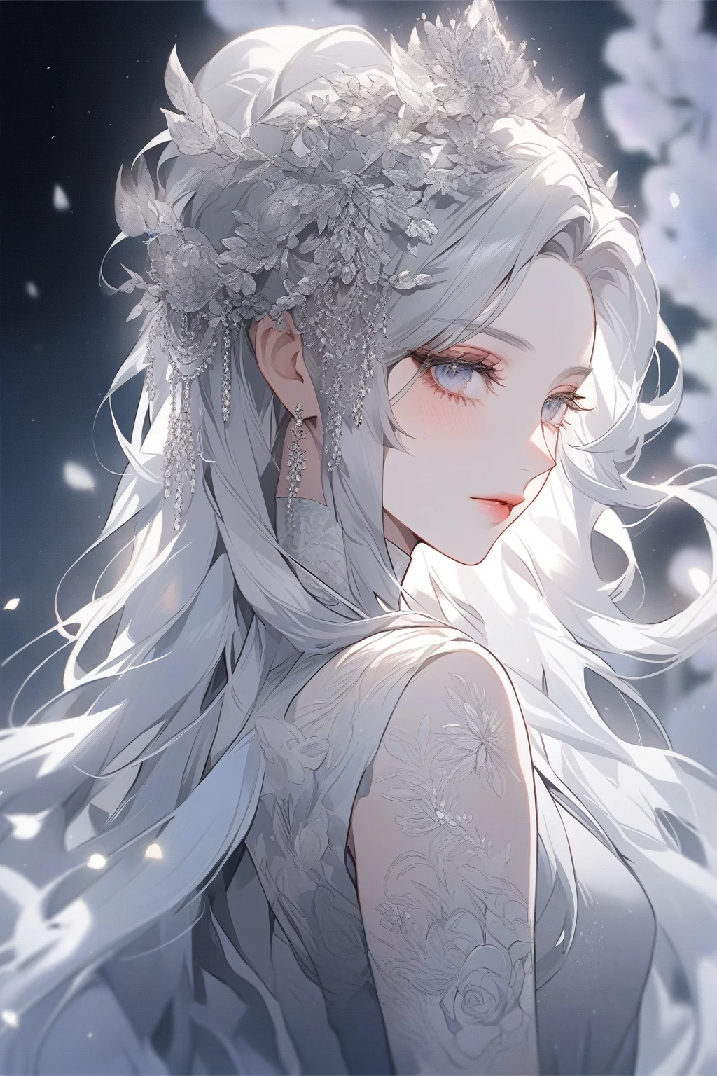 a close up of a woman of long white hair wearing a tia, detailed white long hair, of long white hair, Gray-haired deity, White long hair, Gray-haired, Flowing white hair, Beautiful anime portraits, Gray-haired少女, Beautiful anime style, Gray-haired, Stunning Anime Face Portraits, Beautiful character drawings, perfect Gray-haired girl, Gwaiz