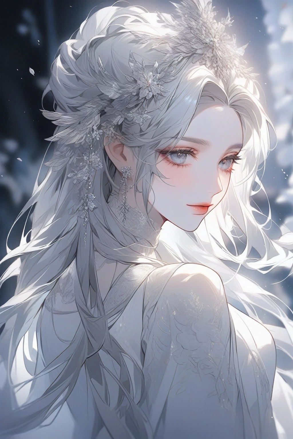 a close up of a woman of long white hair wearing a tia, detailed white long hair, of long white hair, Gray-haired deity, White long hair, Gray-haired, Flowing white hair, Beautiful anime portraits, Gray-haired少女, Beautiful anime style, Gray-haired, Stunning Anime Face Portraits, Beautiful character drawings, perfect Gray-haired girl, Gwaiz