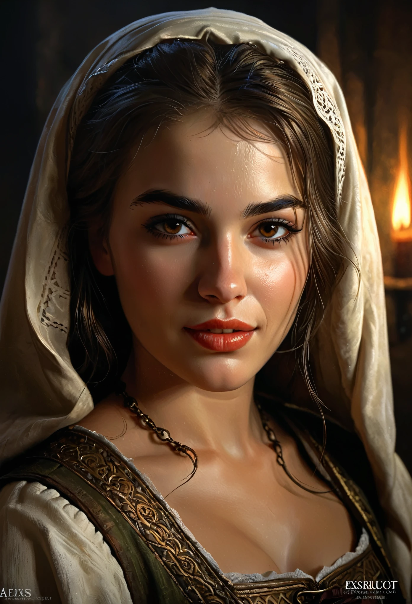 Style by Style Style Crypt Award winner, Spectacular oil painting of a beautiful medieval peasant girl, 15yo, thick eyebrows,  (seductive expression:1.2), erotic espression, an ominous, evil, (Backlight:1.3), Digital Painting, concept art, Smooth, Sharp focus, Three-part method, Dark fantasy,Intricate details, art：Alexis Briclot, Medium Shot, (Shallow depth of field:1.3), grin seductively, She is in sexual climax. erotic, sexy, seductive, moistskin, hyper detailed skin texture, A lewd expression, The smell of sex fills the air, She has a lustful expression that invites men, (no makeup:1.2), she like sex very much 