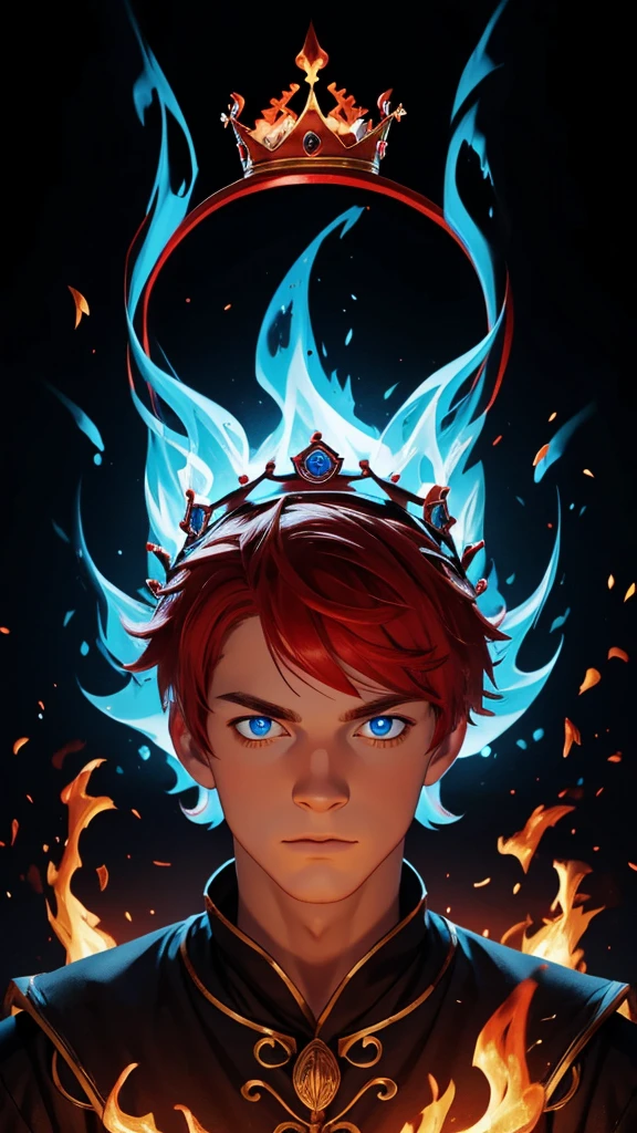 a man wearing a couronne on his head and fire around him, 1garçon, foyer masculin, seulement, couronne, portrait, yeux bleus, cheveux roux, regarder le spectateur, Réaliste, fond noir, Feu bleu