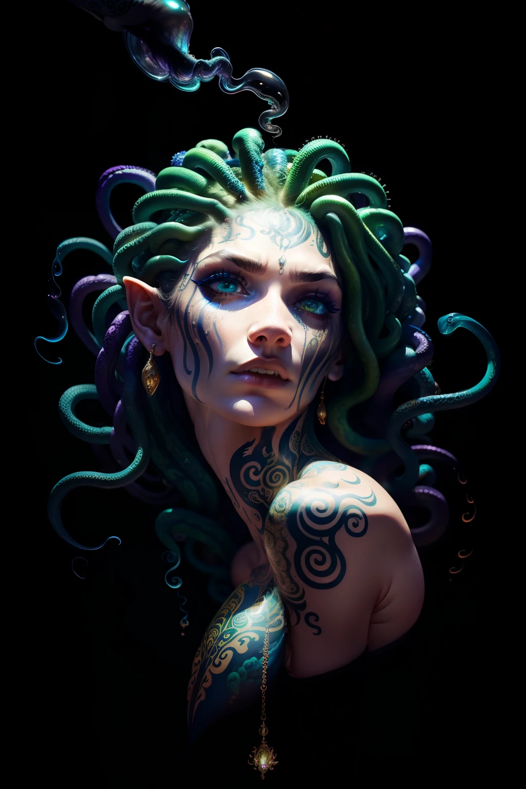 Medusa Bust Tattoo: A Striking Depiction of the Mythological Personage

In this intricately detailed 4K image, the Medusa bust tattoo comes to life, showcasing the legendary figure's feature in a thought-provoking manner. The snakes entwined around her head are depicted as angry and writhing, their venomous gazes as intense as ever. In a surprising twist, the headrests upon a jellyfish, its tentacles lazily swaying as it smokes a leek, adding an element of levity and humor to an otherwise ominous depiction. The tattoo's vivid colors, whether it's the detailed