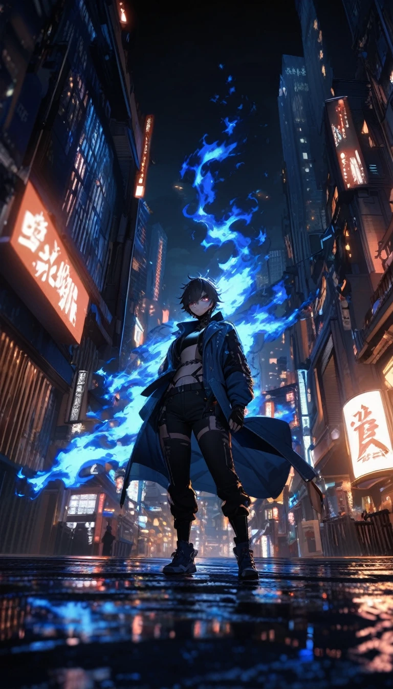 dabi standing in the distance on a tokyo street with blue flames burning around, sky scrapers in the distance, masterpiece, bestquality, night time, beautiful lighting, highly detailed, dynamic angle, blue flames all around, #quality, 8K, wallpaper of extremely detailed face, top-quality, golden ratio, male, high quality face, detailed