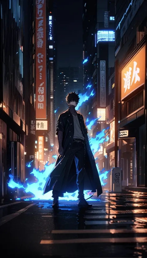 dabi standing in the distance on a tokyo street with blue flames burning around, sky scrapers in the distance, masterpiece, best...