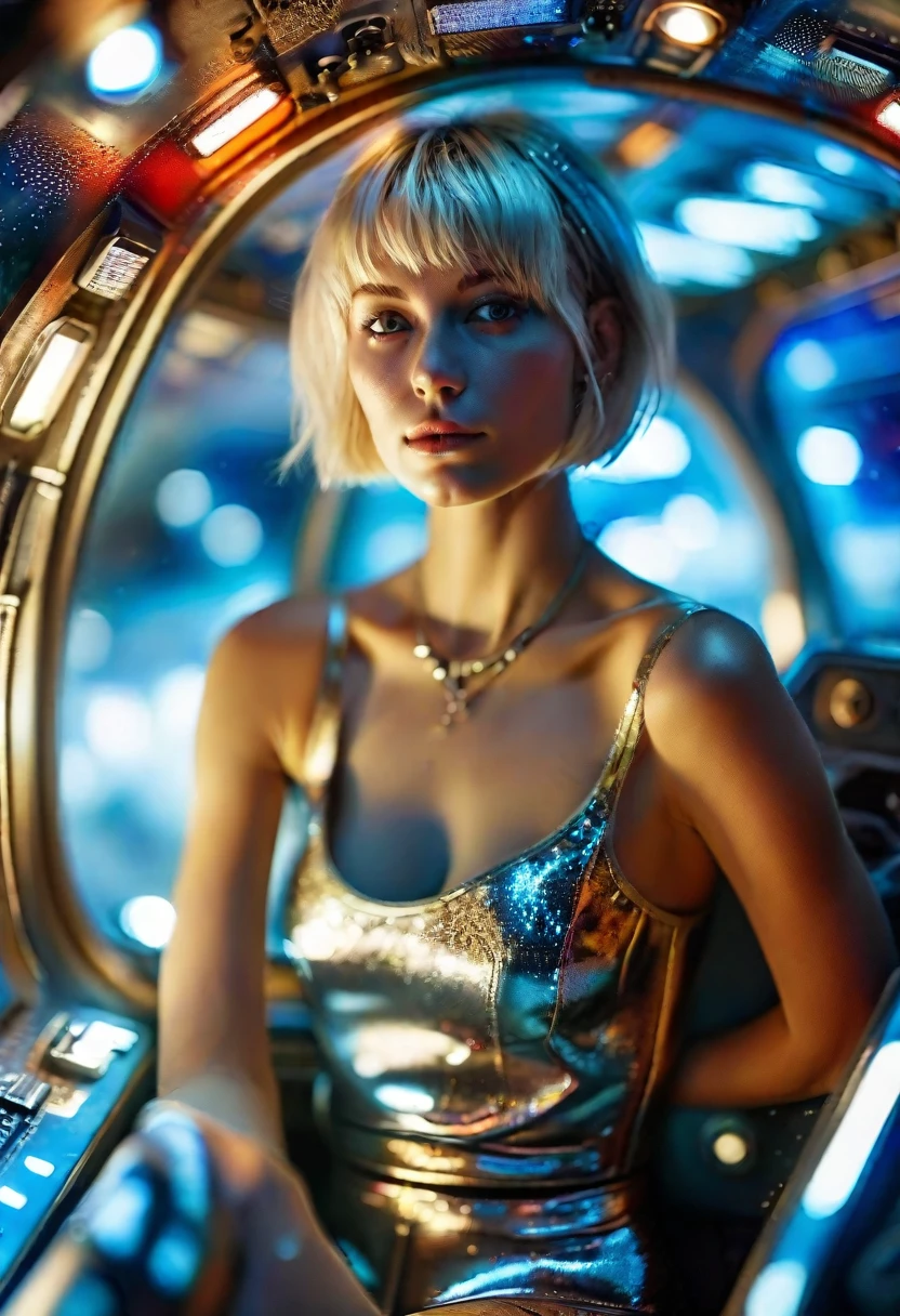 A blond young sexy woman with short hair and hot clothes sits on a seat in a spaceship and the window can show beautiful staras